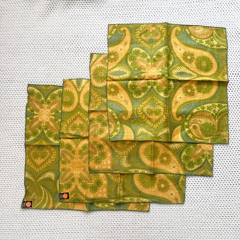 Vera Neumann Linen Green Yellow Groovy Retro Vintage Paisley Square Napkins 4